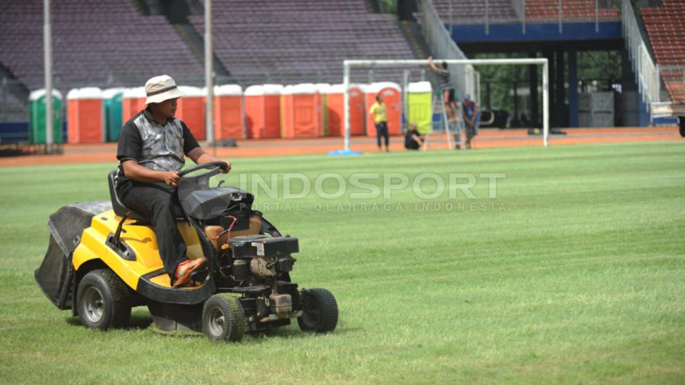 Seorang petugas nampak membenahi rumput SUGBK jelang Pra Piala Asia U-23. - INDOSPORT